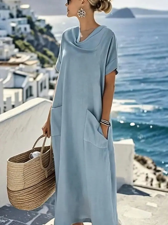 Women'S Solid Color Short-Sleeved Loose Cotton And Linen Dress