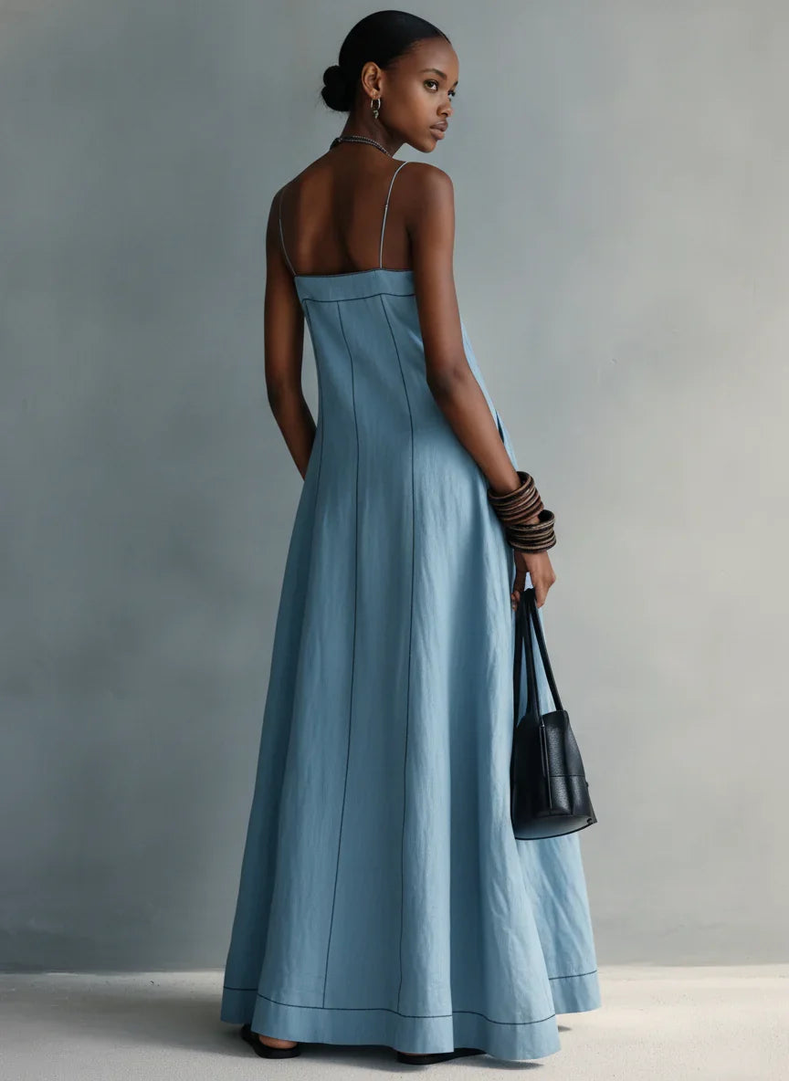 Light Blue Thin Stitch Linen Slip Maxi Dress