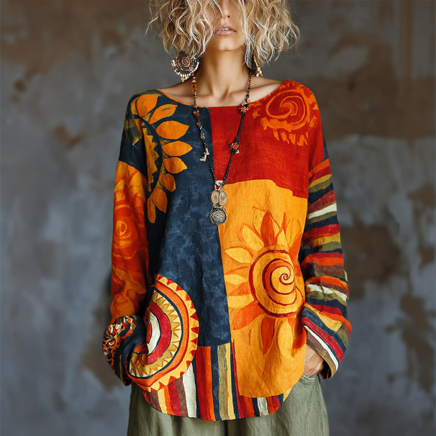 Women's Hippie Style Floral Print Color-blocked Crew Neck T-shirt