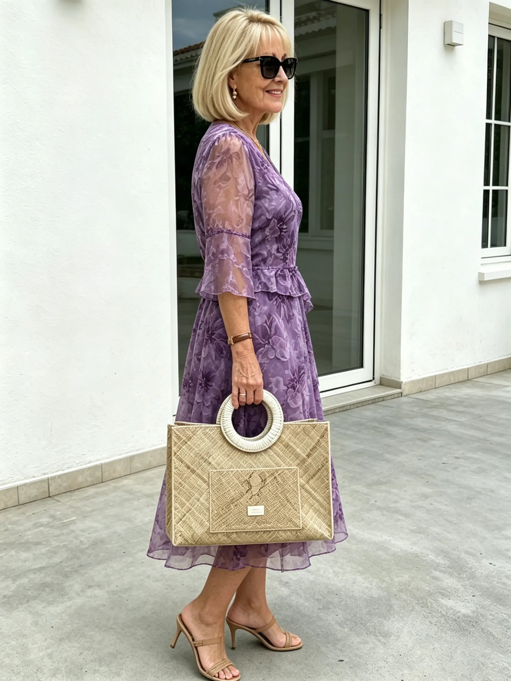 Purple Floral Mesh Chiffon Midi Dress, V-Neck Ruffle 3/4 Sleeve Waist Ruffle Loose Slimming Mom Dress