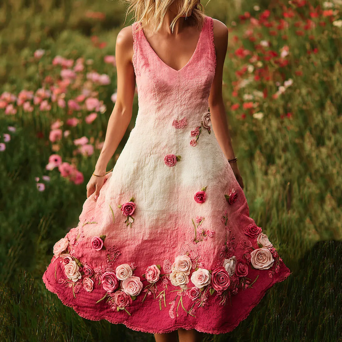 Pink Rose Embroidered Gradient Linen Tank Dress
