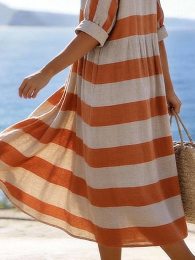 Women'S Casual Round-Neck Striped Vacation Dress