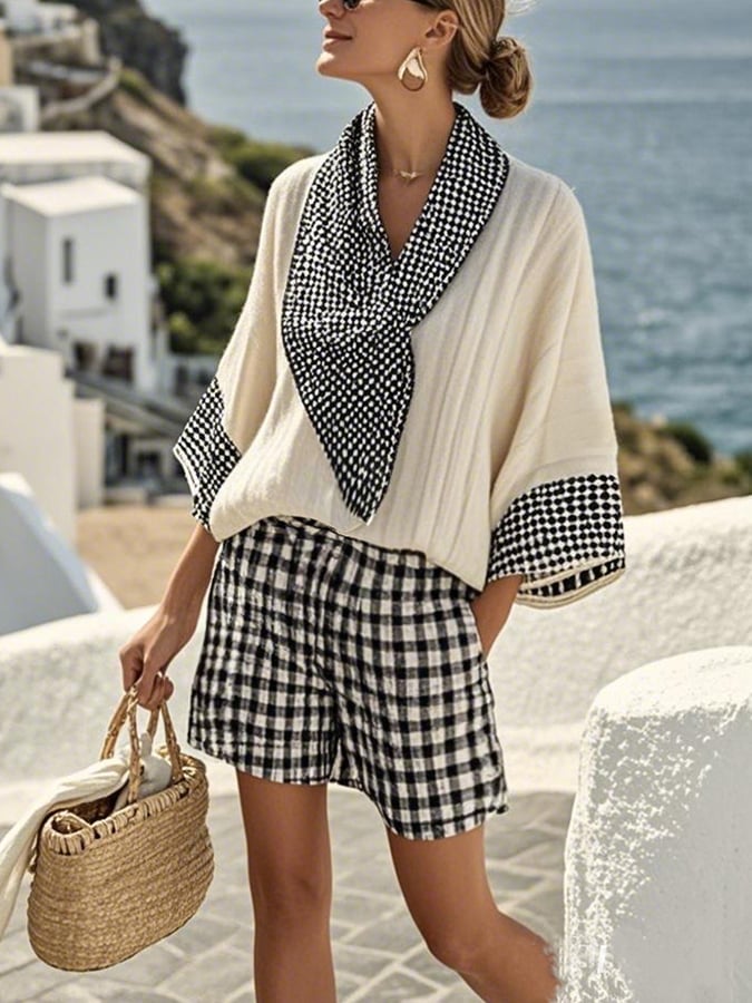 Women'S Loose Striped Scarf Holiday Shorts Set
