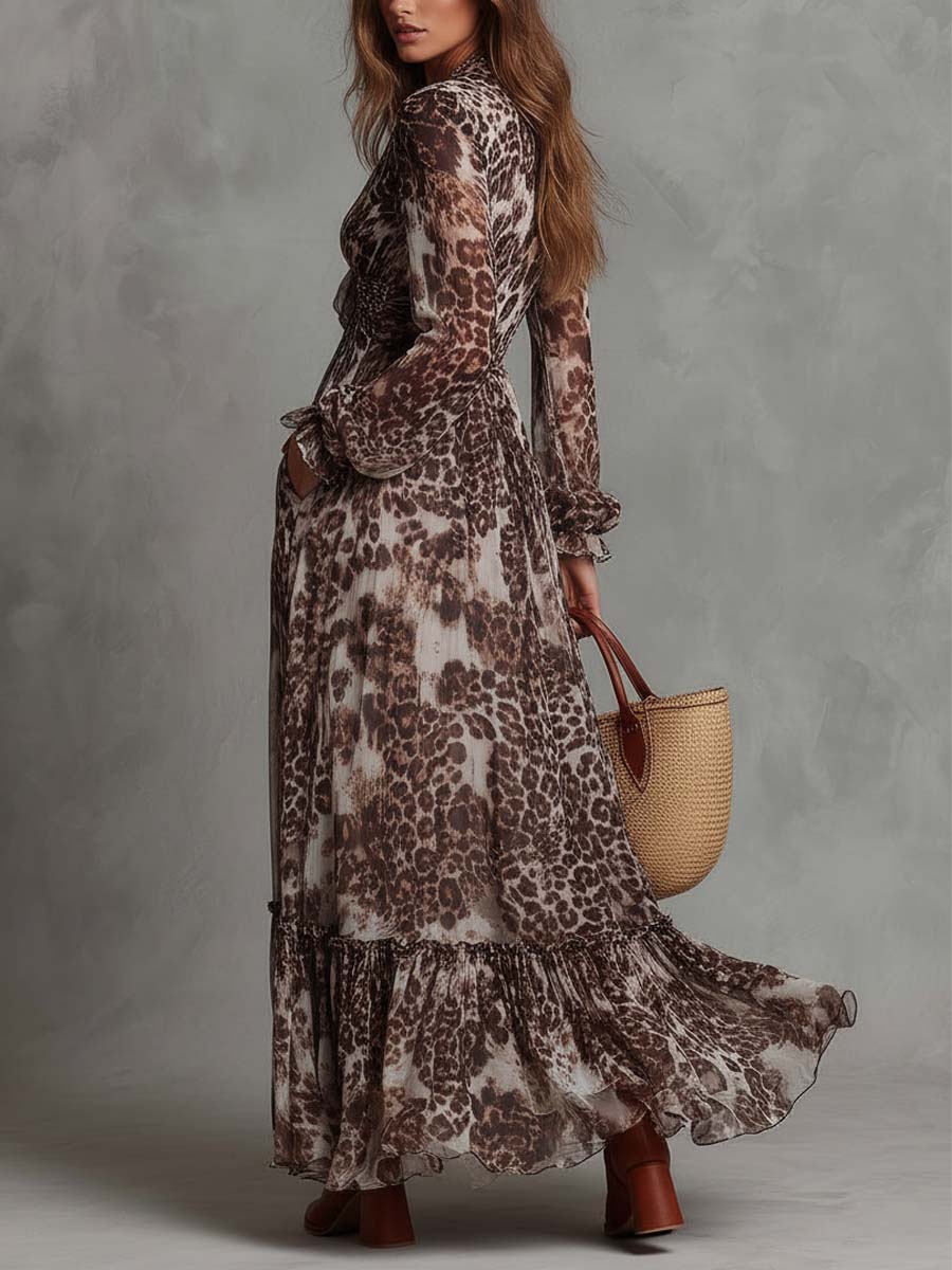 Leopard Chiffon Long-Sleeve Tie-Front Maxi Dress