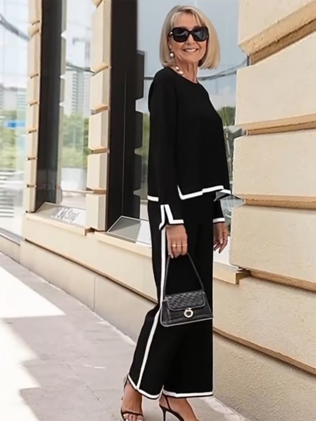 Contrasting Color Split-ended Long-sleeved Knitted Sweater High-waisted and Thin Wide-leg Pants and Trousers Two-piece Set