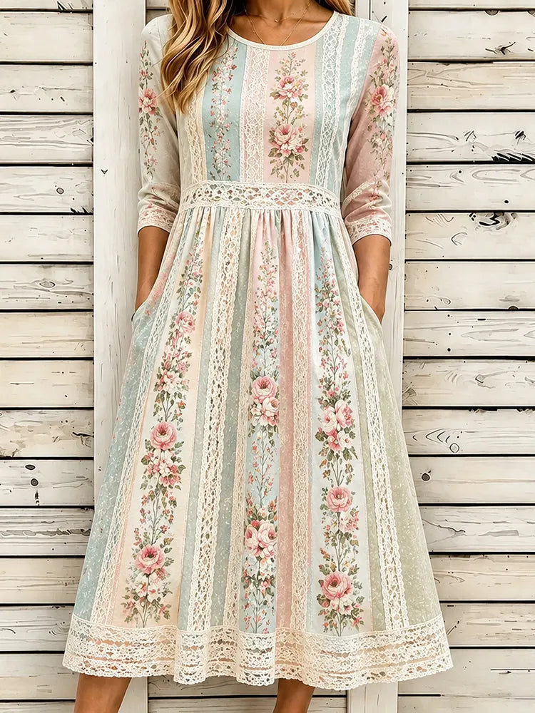 Women's Vintage Floral Patchwork Art Round Neck Midi Dress
