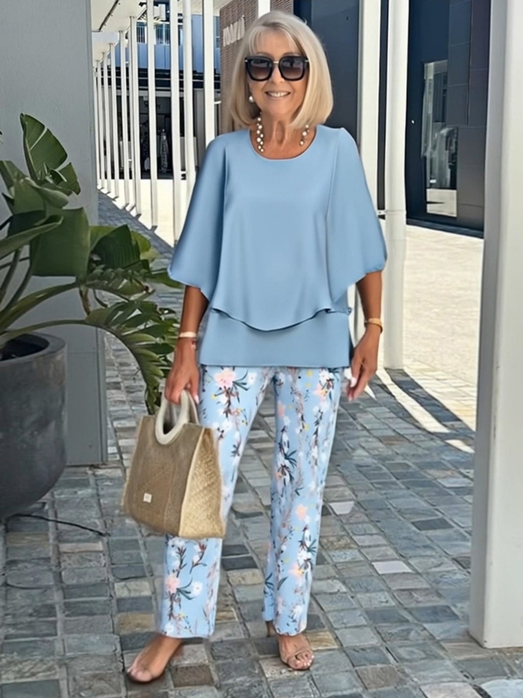 Casual Crew Neck Medium Sleeve Top Printed Floral Pants Set Two-piece Set