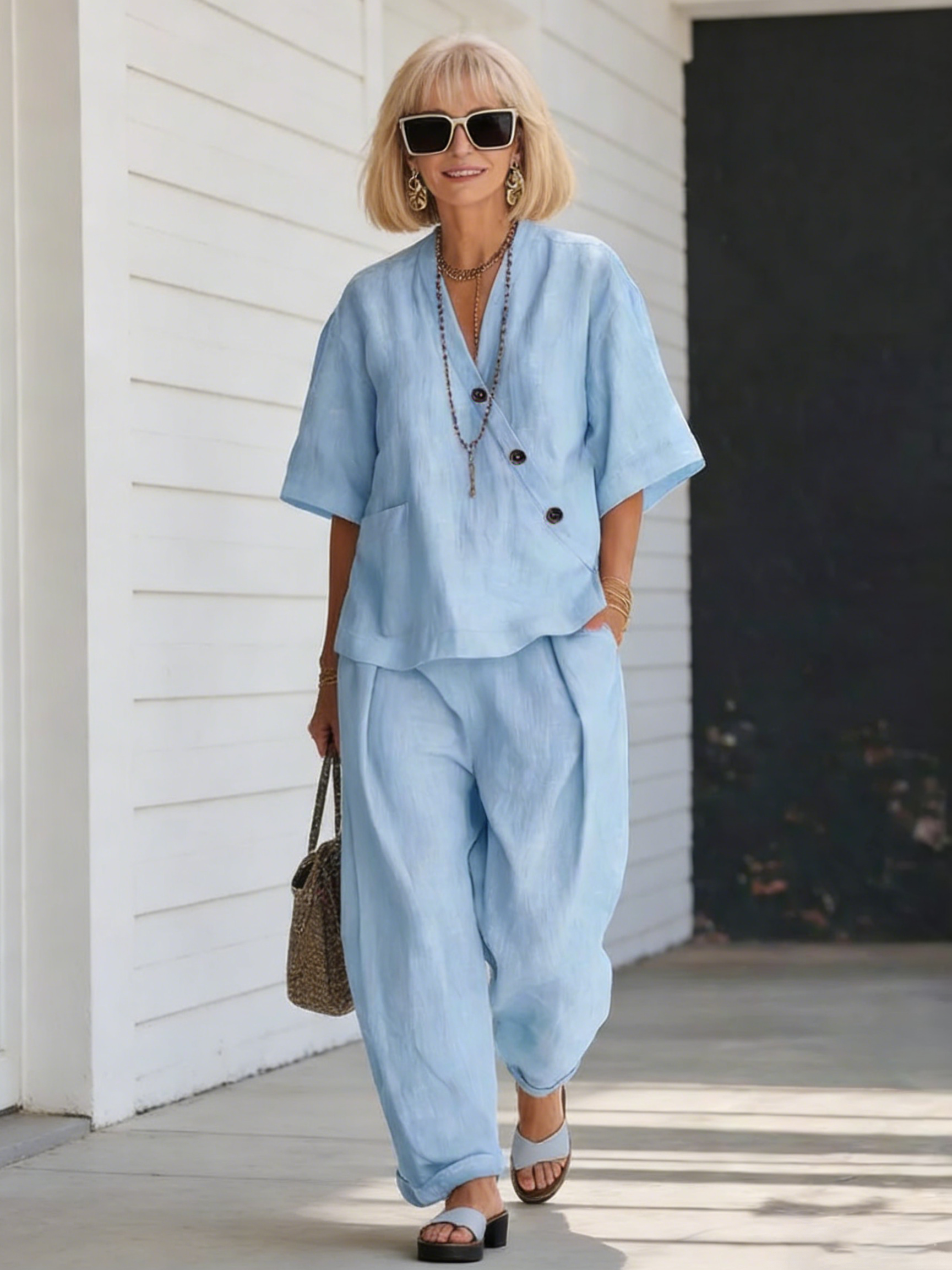 2Pcs Casual Solid Color V-neck Loose Short-sleeved Top High-waisted Trousers Two-piece Set