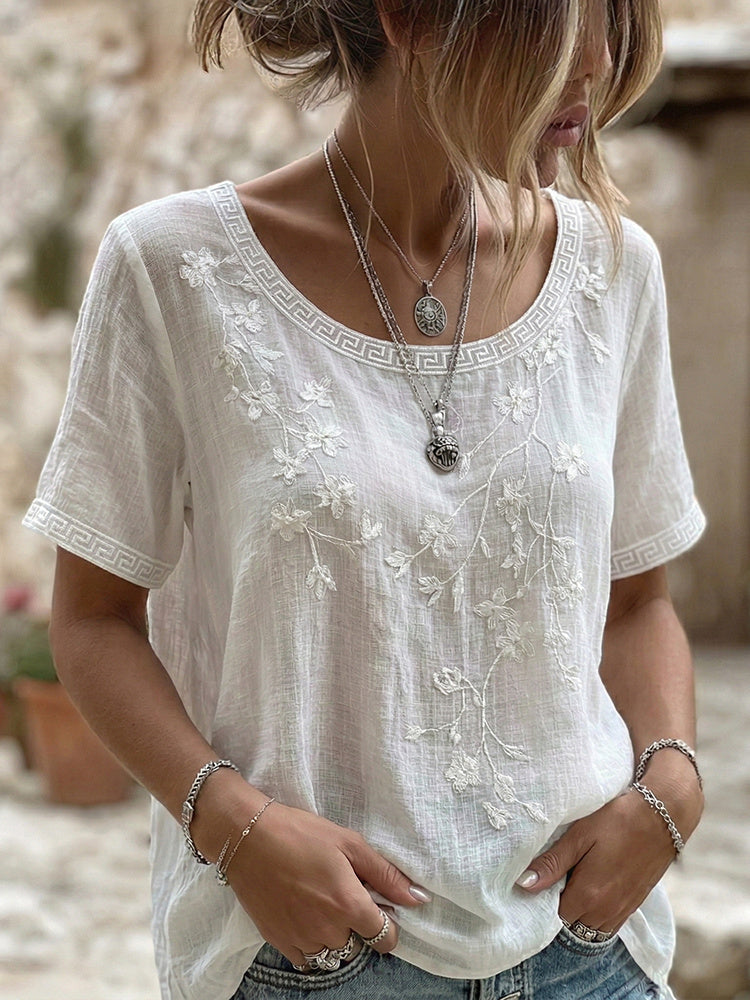 Women's Floral Pattern Linen Blend Crew Neck Short Sleeve T-shirt