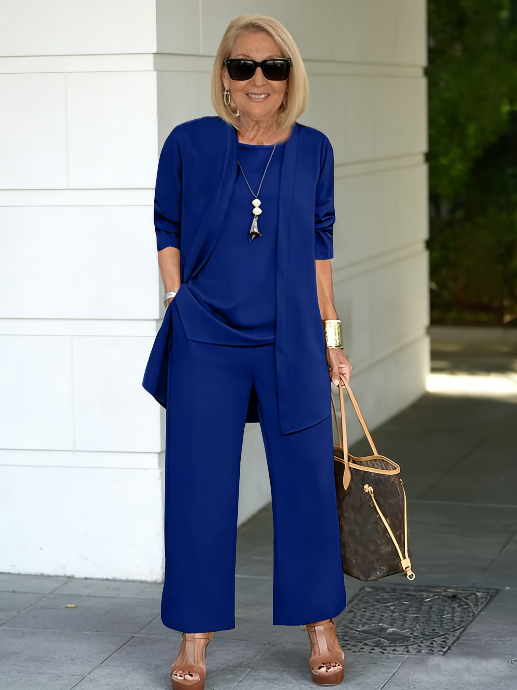 Casual Three-piece Solid Set, Long Sleeve Cardigan & Top & Long Pants Outfits, Women's Clothing