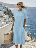 Women's Casual Collared Solid Color Short-Sleeved Loose Dress