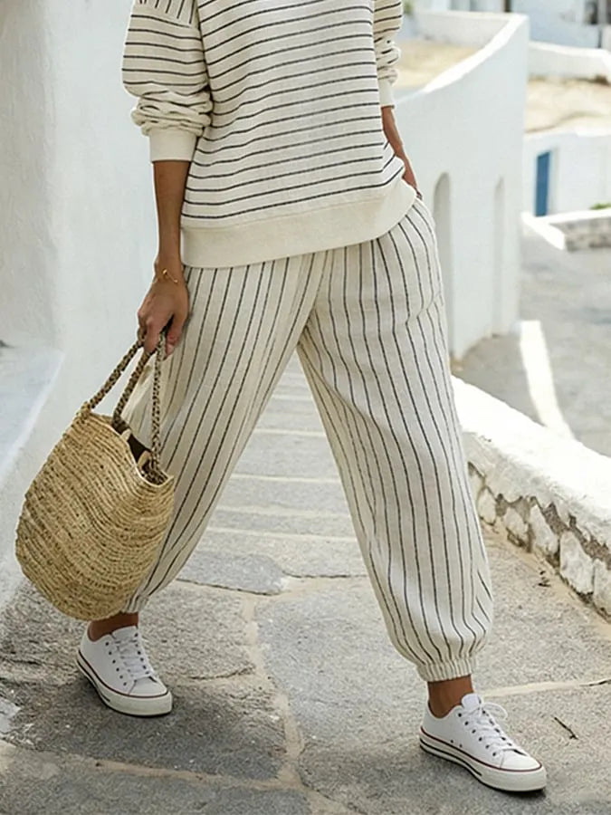 Women'S Casual Round-Neck Striped Cotton And Linen Two-Piece Set