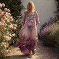 Women's Vintage Lupine And Floral Embroidery V-neck Long Sleeve Dress