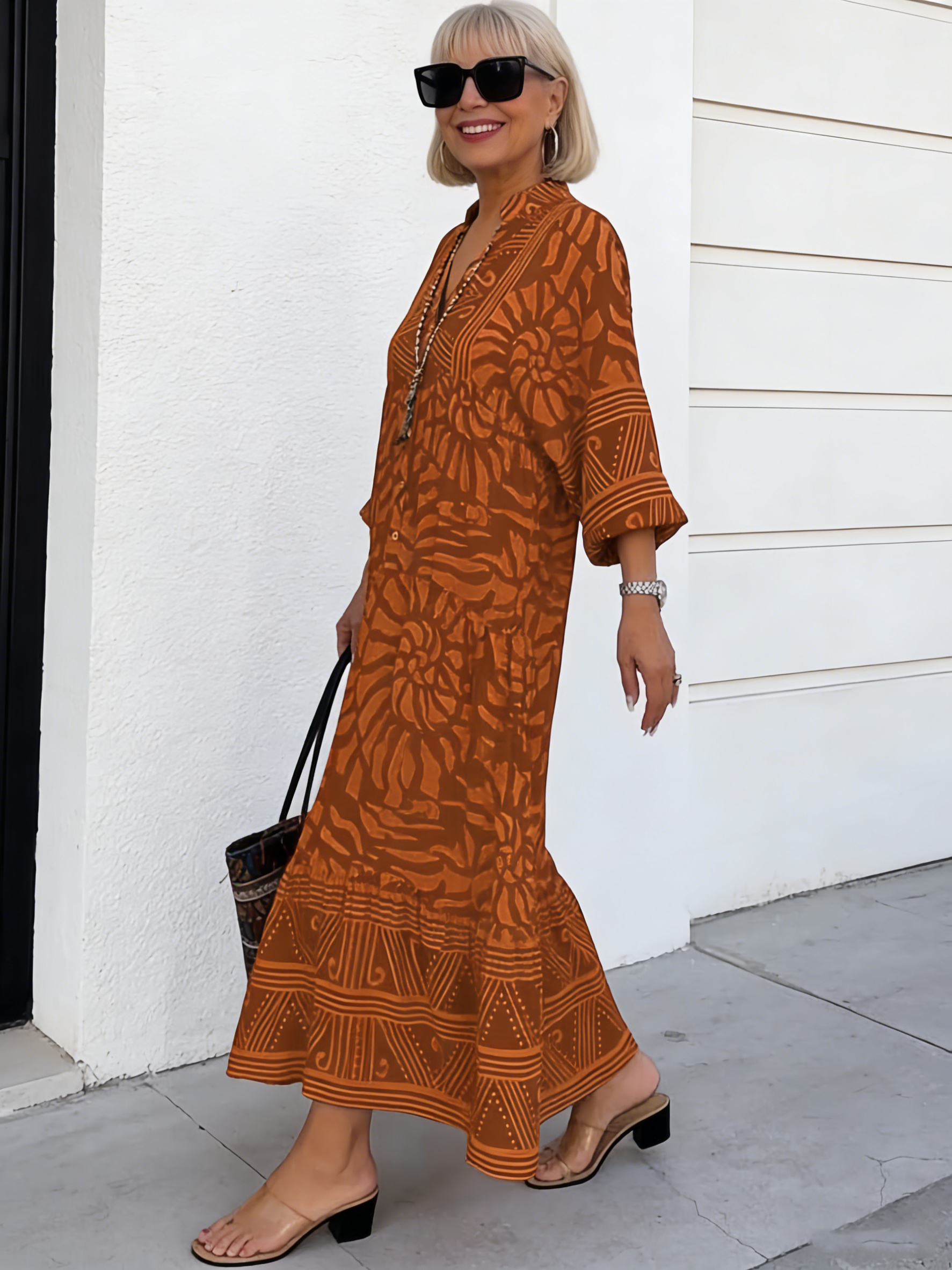 Printed Loose V-neck Flower Dress