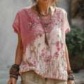Women's Vintage Floral Art Stitching Crew Neck T-shirt