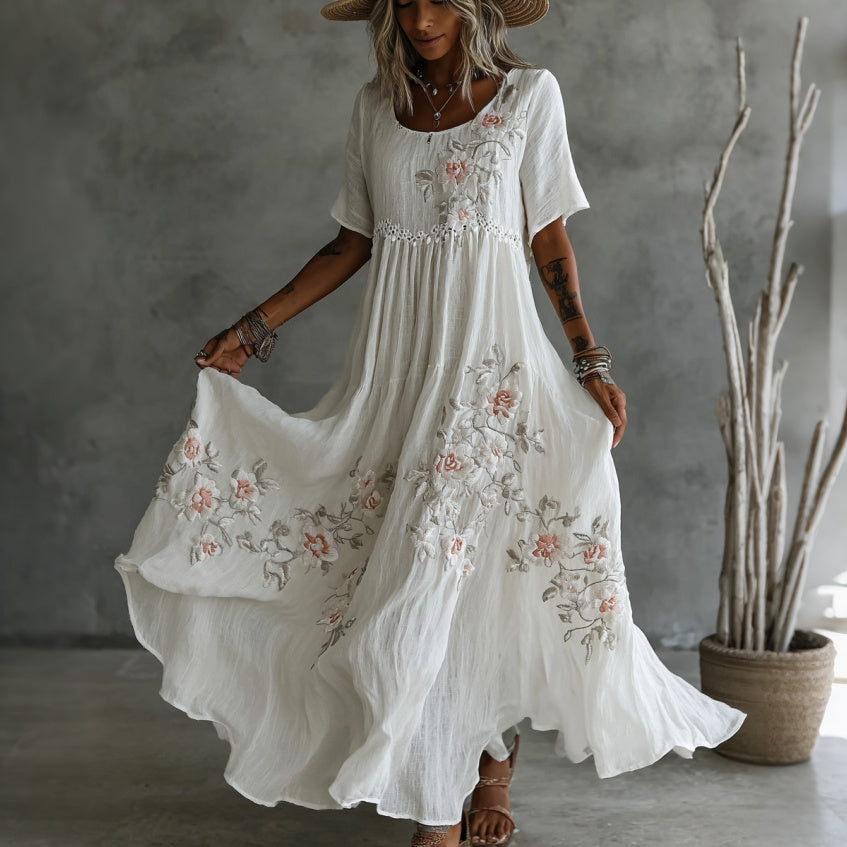 Women's Vintage Rose Floral Art Pattern Crew Neck Short Sleeve Linen Maxi Dress