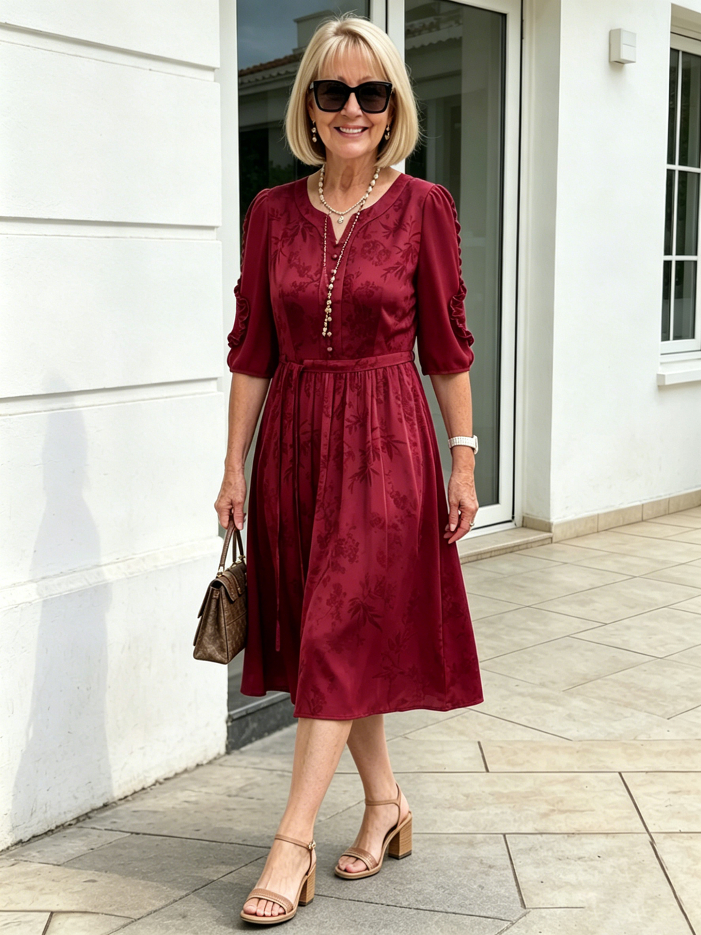 Coffee Brown Floral Print Midi Dress, Split Neck Button Front Ruffle 3/4 Sleeve Tie Waist Slimming Dress for Mature Women