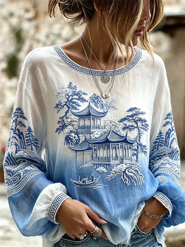 Vintage Japanese Landscape Gradient Flowy Linen Tunic