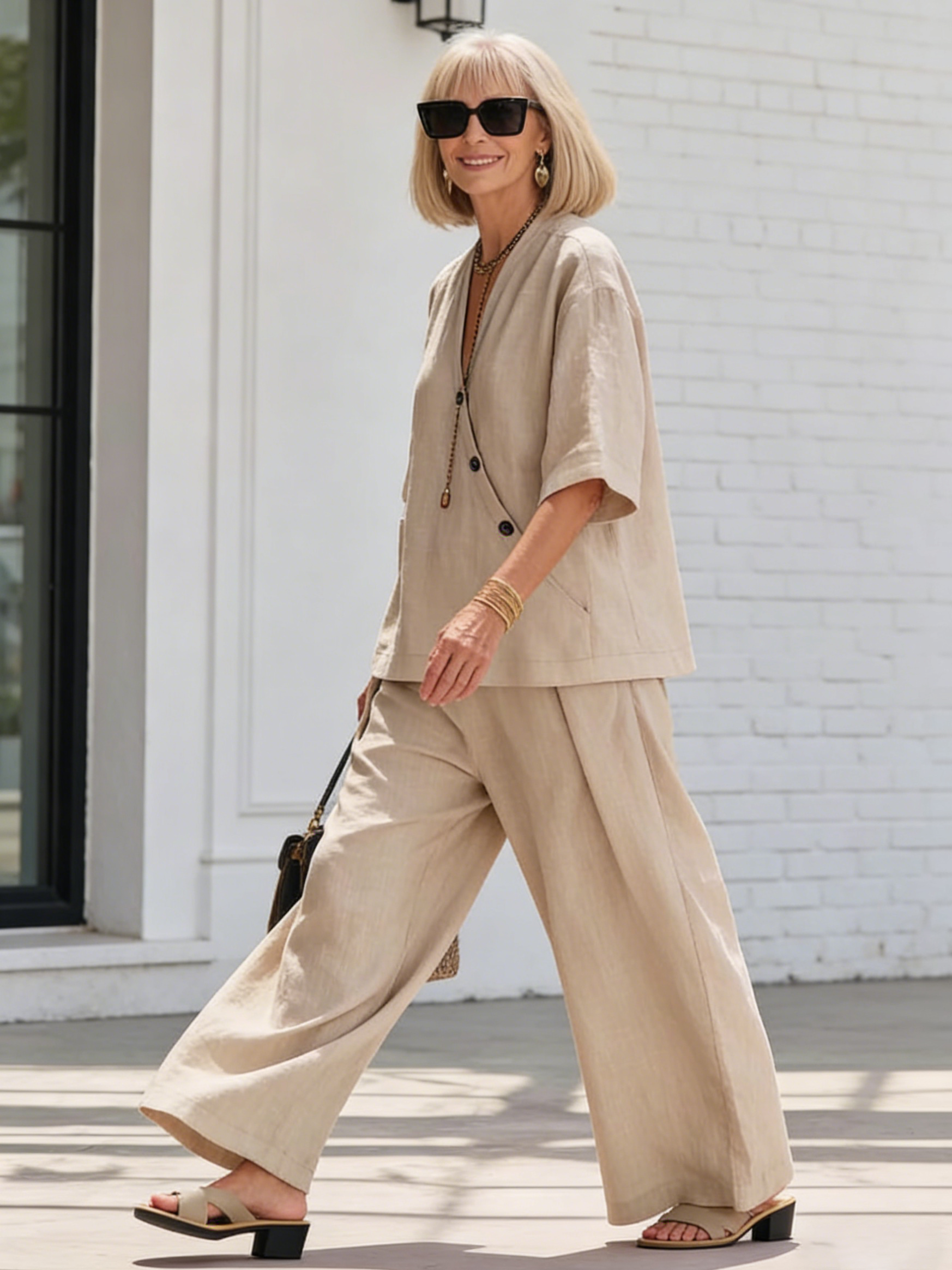 2Pcs Casual Solid Color V-neck Loose Short-sleeved Top High-waisted Trousers Two-piece Set