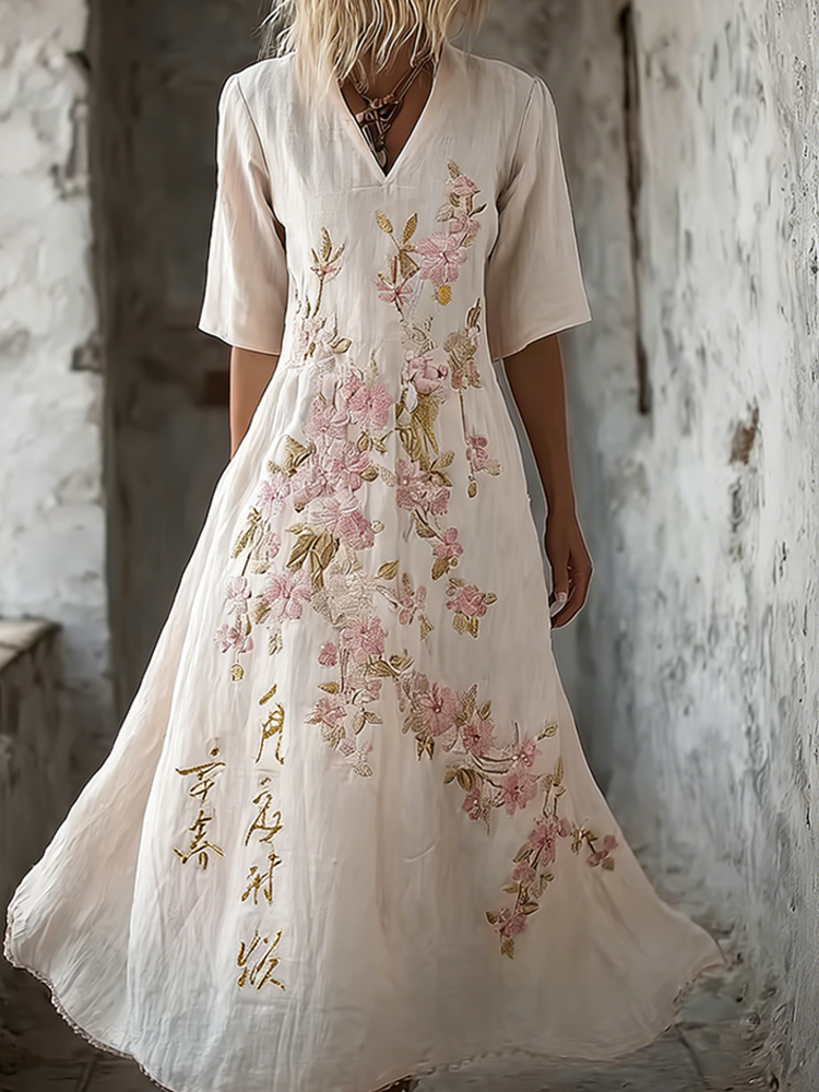 Sakura Embroidery Pattern Casual Linen Dress