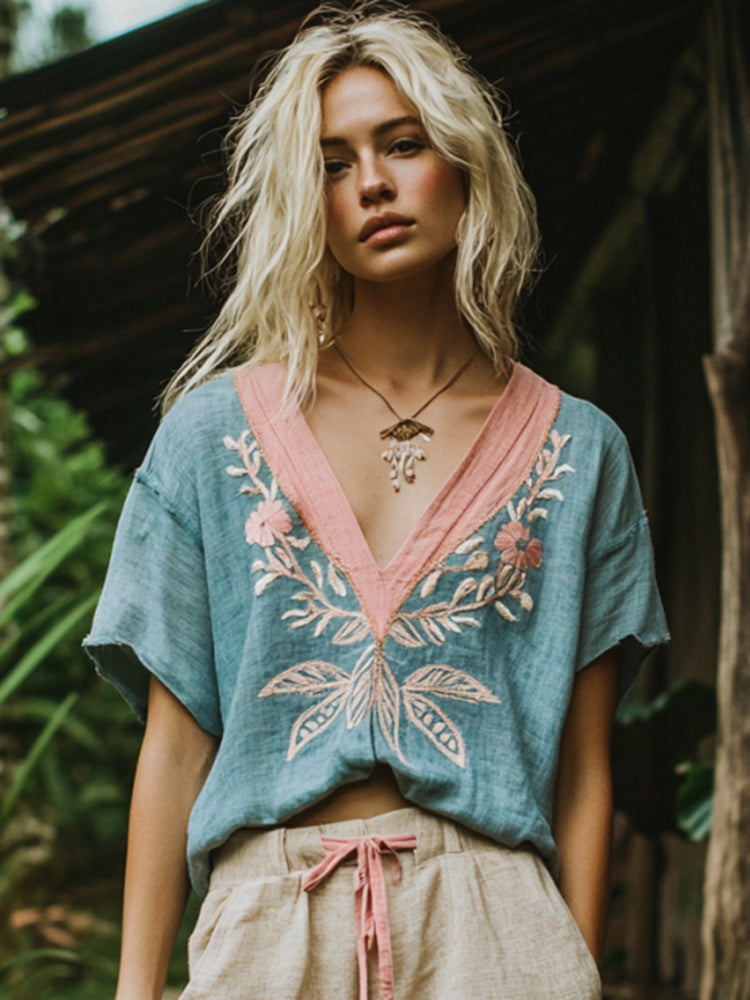 Women's Vintage Floral Blue And Pink Embroidery V Neck Casual Linen Top