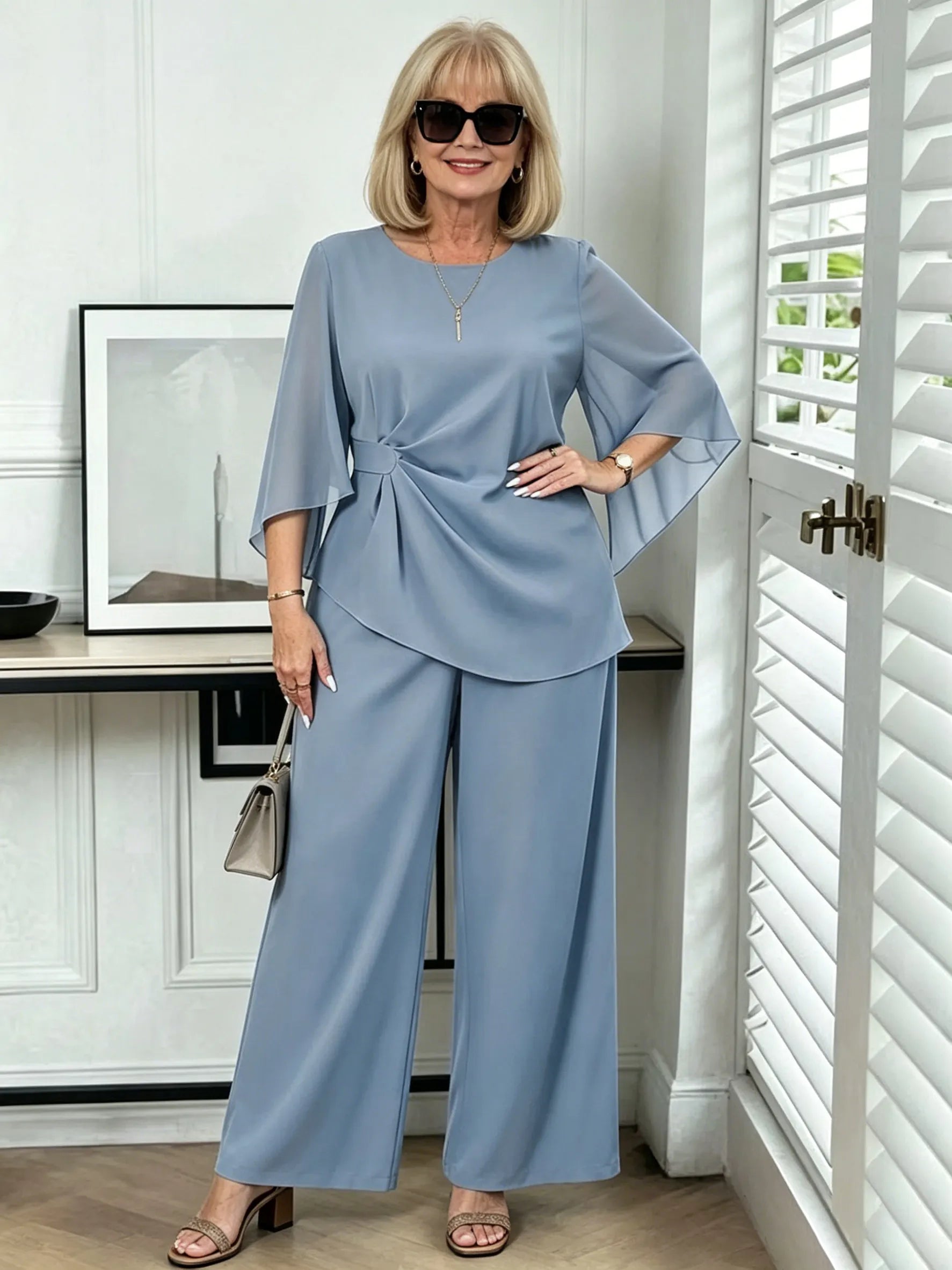 2Pcs Light Blue Chiffon 2 Piece Outfit, Irregular Twist Flare Sleeve Top & Wide Leg Pants Set for Mature Women