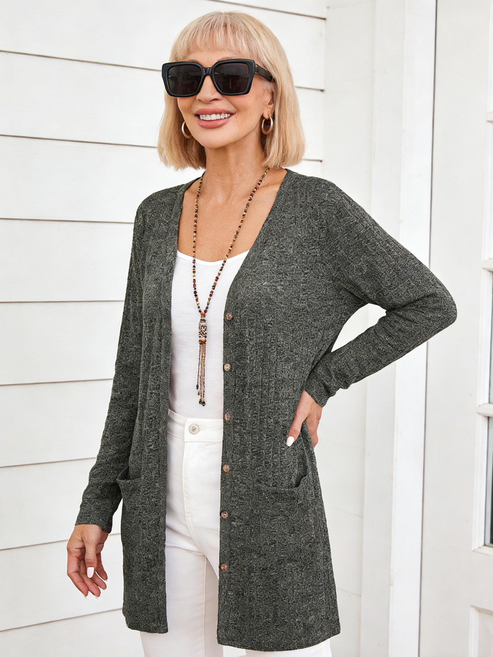 Autumn and Winter Solid Color Loose Long-sleeved Pocket Cardigan Jacket Women's Clothing