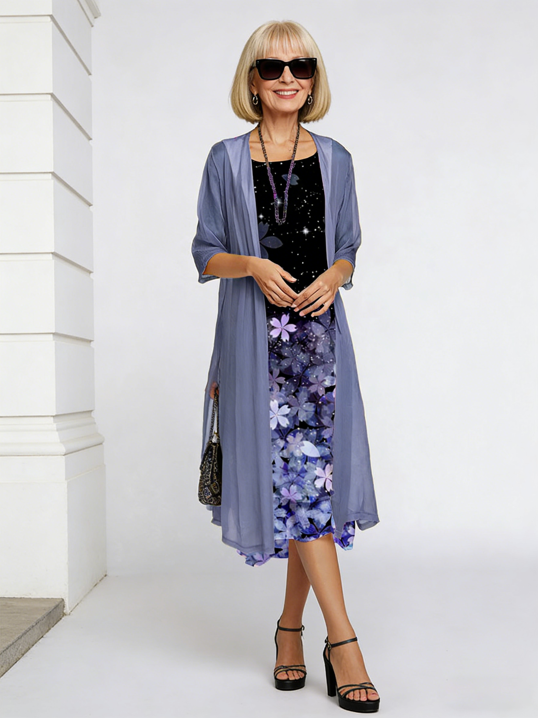 Long Dress Two-piece Flower and Plant Print Crew Neck Dress Coat Women