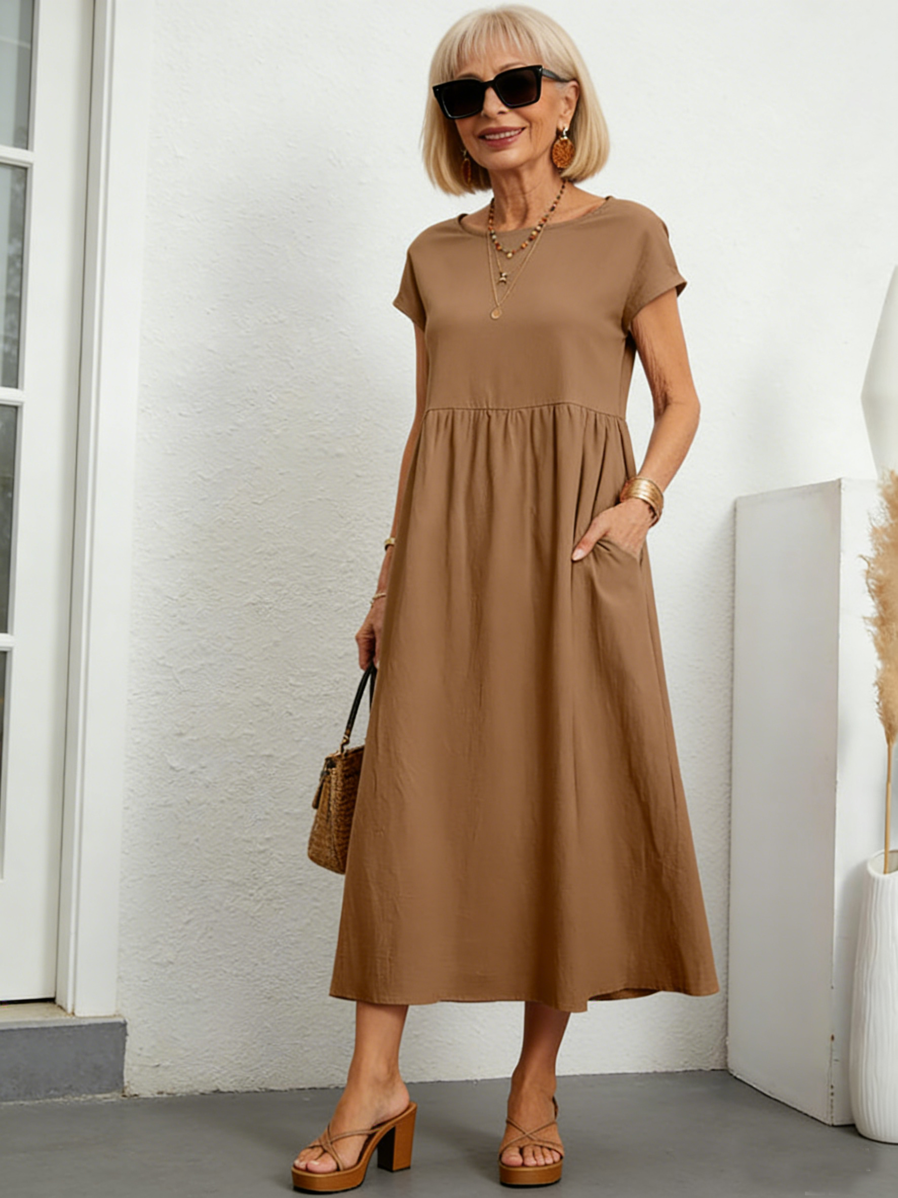 Solid Color Sleeveless Loose Cotton and Linen Pockets, Dress