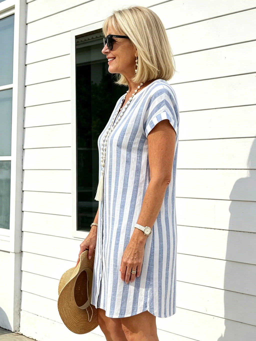 Breathable Cotton Dress Loose Casual Striped Shirt Dress