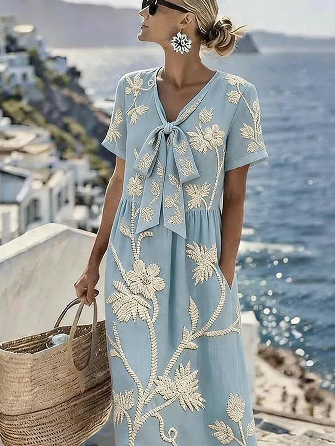 Women'S Casual Color-Block Cotton And Linen Dress