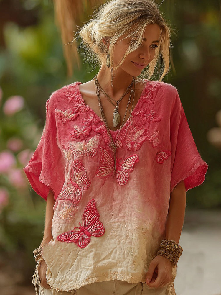 Vintage Floral Embroidery Art Short Sleeve Linen Blend T-shirt