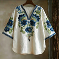 Women's Retro Bohemian Floral Art Casual Linen Blend V-neck T-shirt