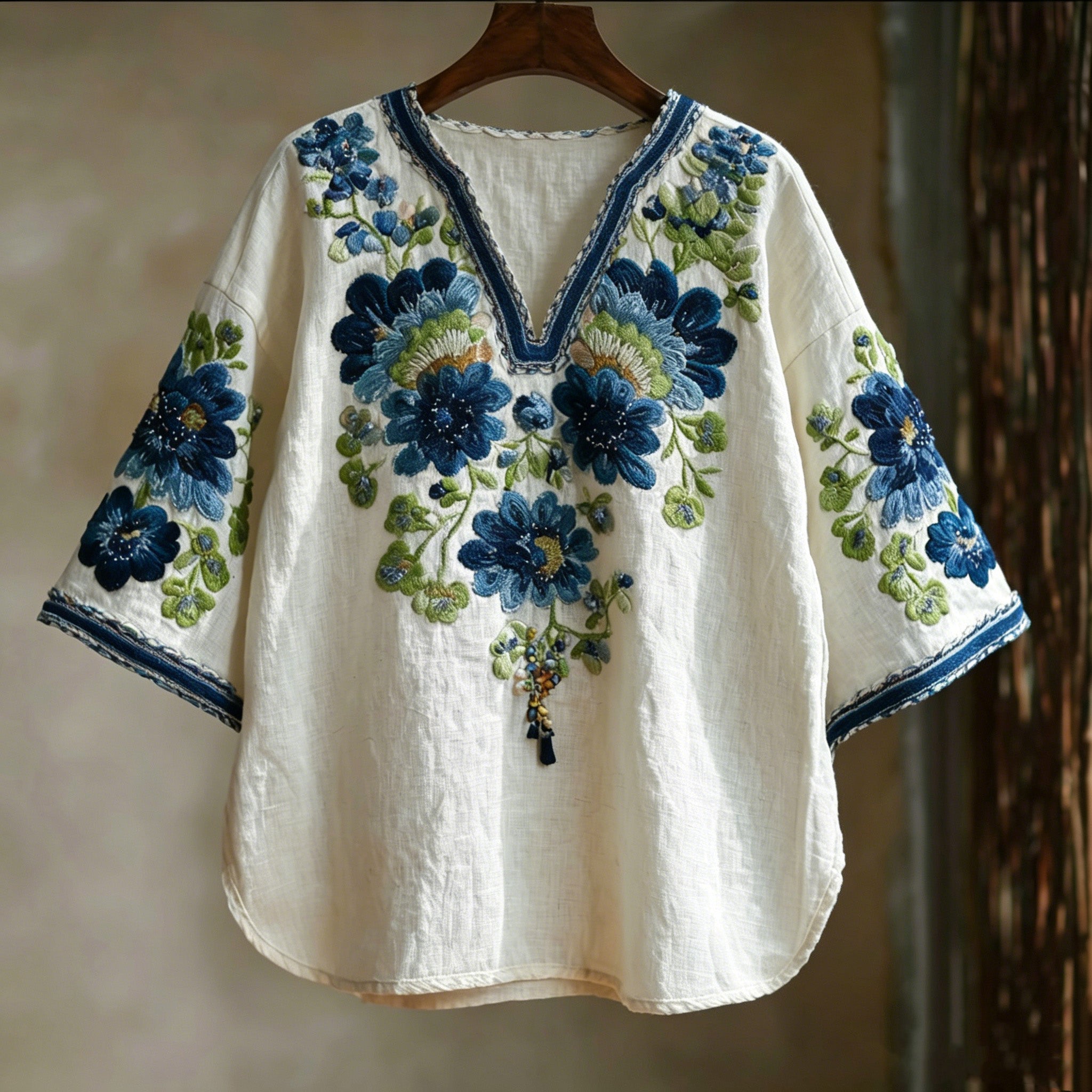 Women's Retro Bohemian Floral Art Casual Linen Blend V-neck T-shirt