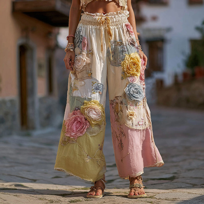 Women's Retro Colorful Rose Stitching Casual Pants