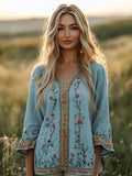 Retro Bohemian Floral Embroidery Art Graphics Linen Blend Loose Blouse