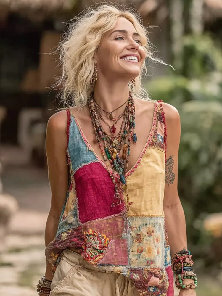 Women Vintage Floral Geometry Art Linen V Neck Tank Top