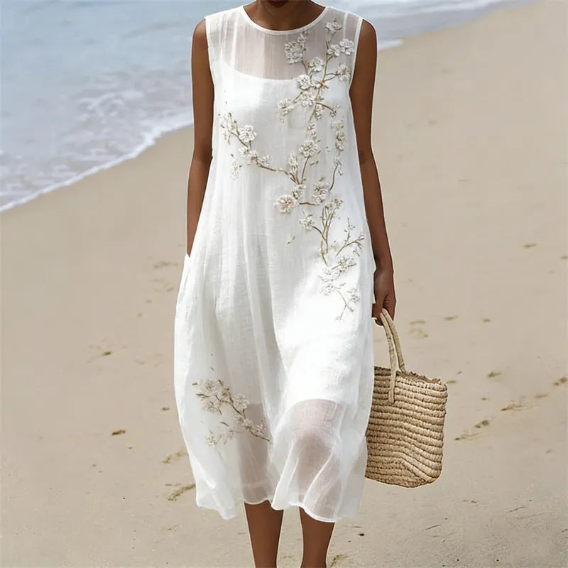 Classy White Almond Blossom Flowy Linen Tank Dress