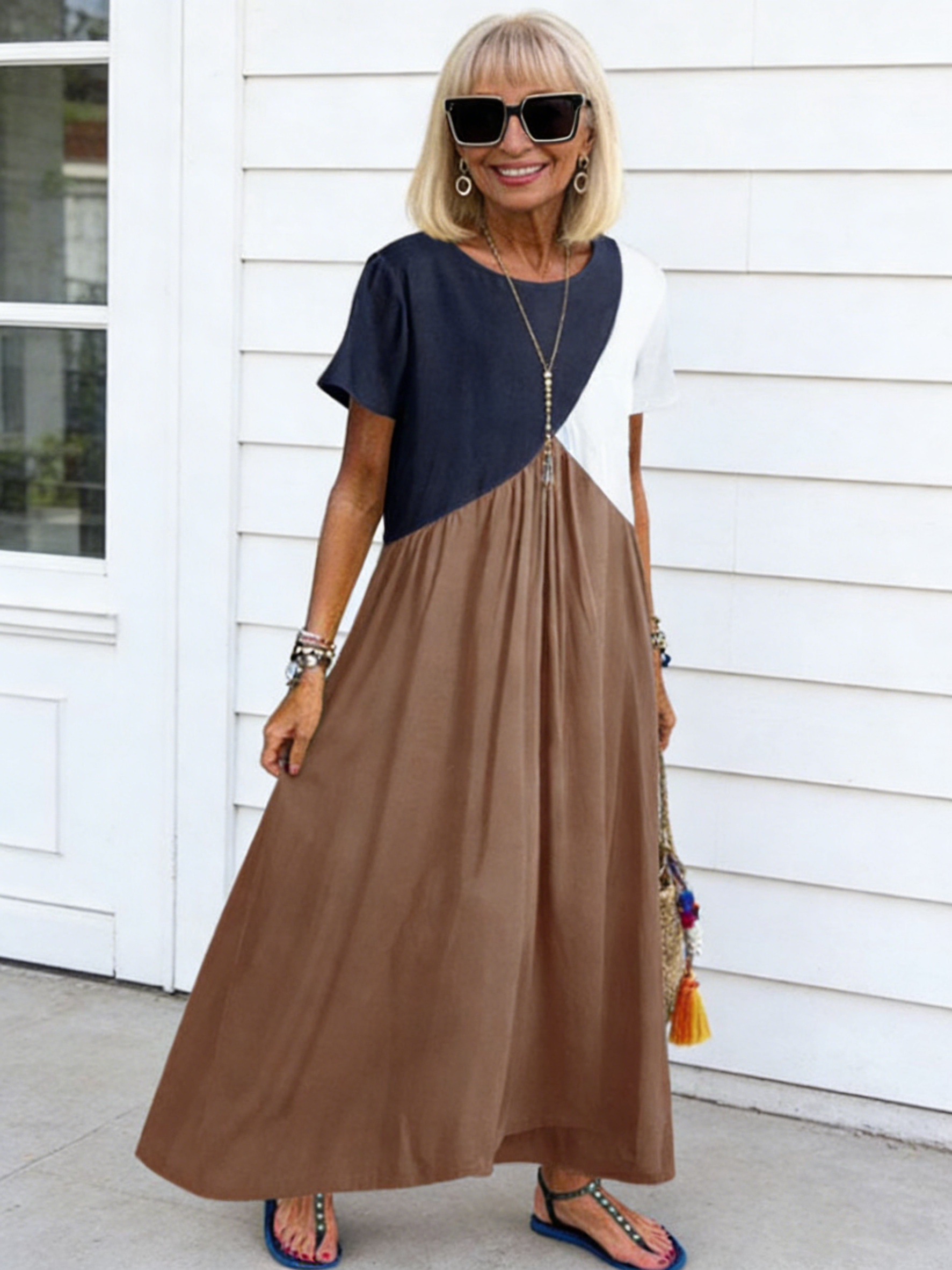 Splicing Short Sleeve Dress Long Dress
