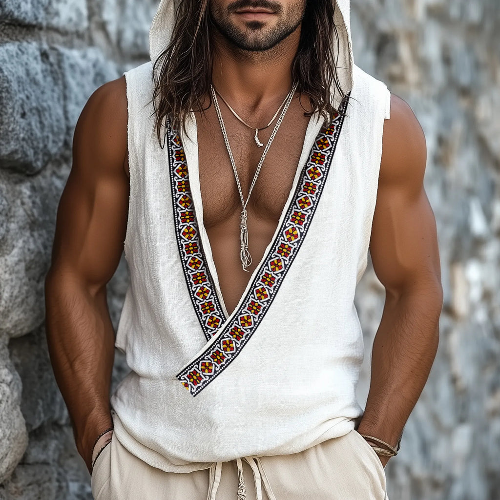 Men's Vintage Cotton And Linen Embroidered Vest Tops