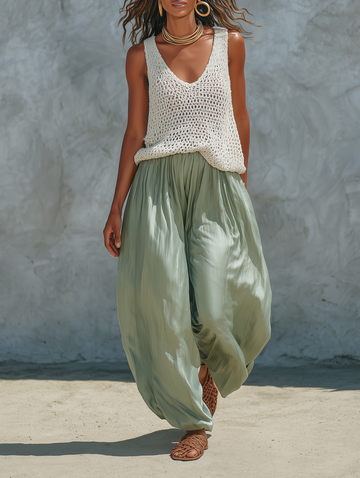 Women's Minimalist Mesh-Knit Tank Top And Faux-Acetate Balloon Pants Set MDZ2710C0Y