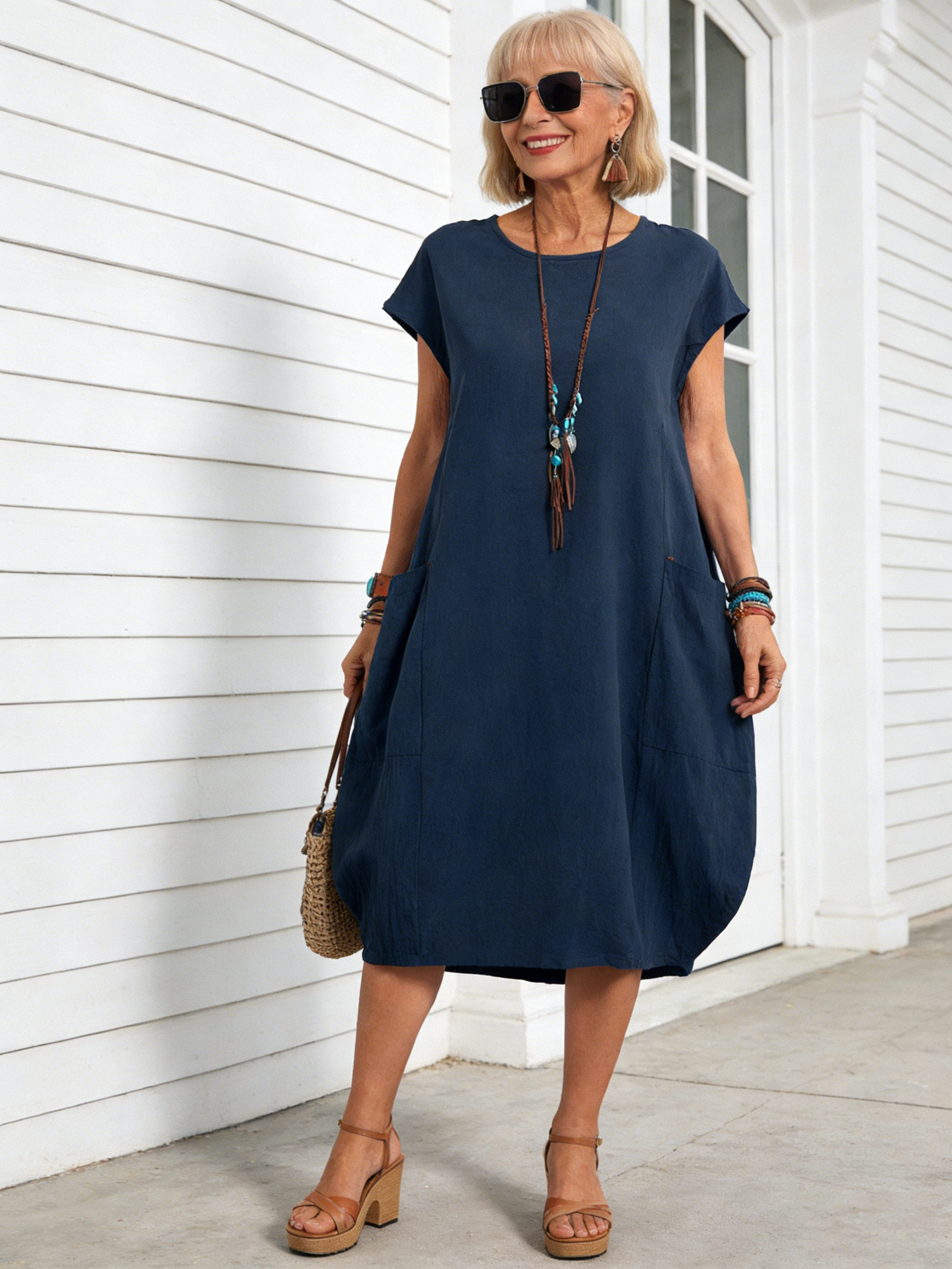 Cotton and Linen Loose Casual Solid Color Dress