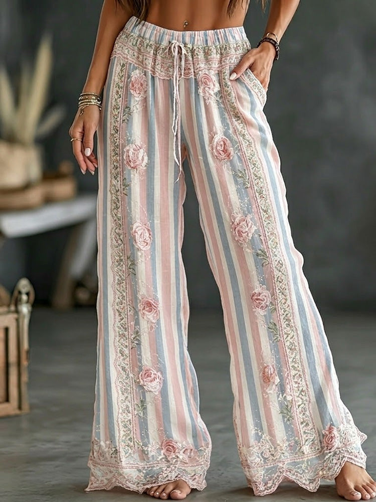 Women's Vintage Floral Vine Art Embroidery Patchwork Cotton Linen Pants