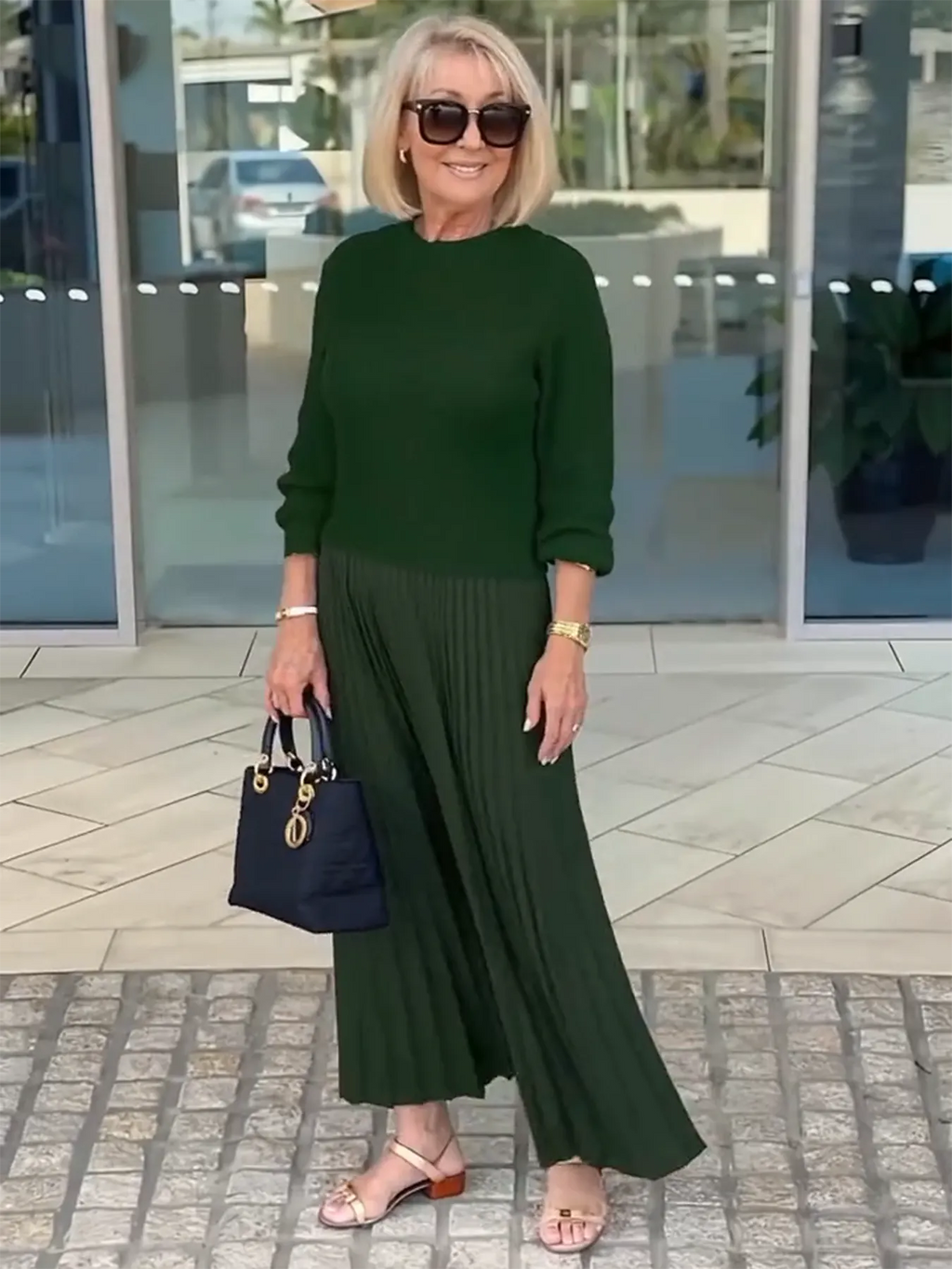 Knitted Long-sleeved Splicing Pleated Dress