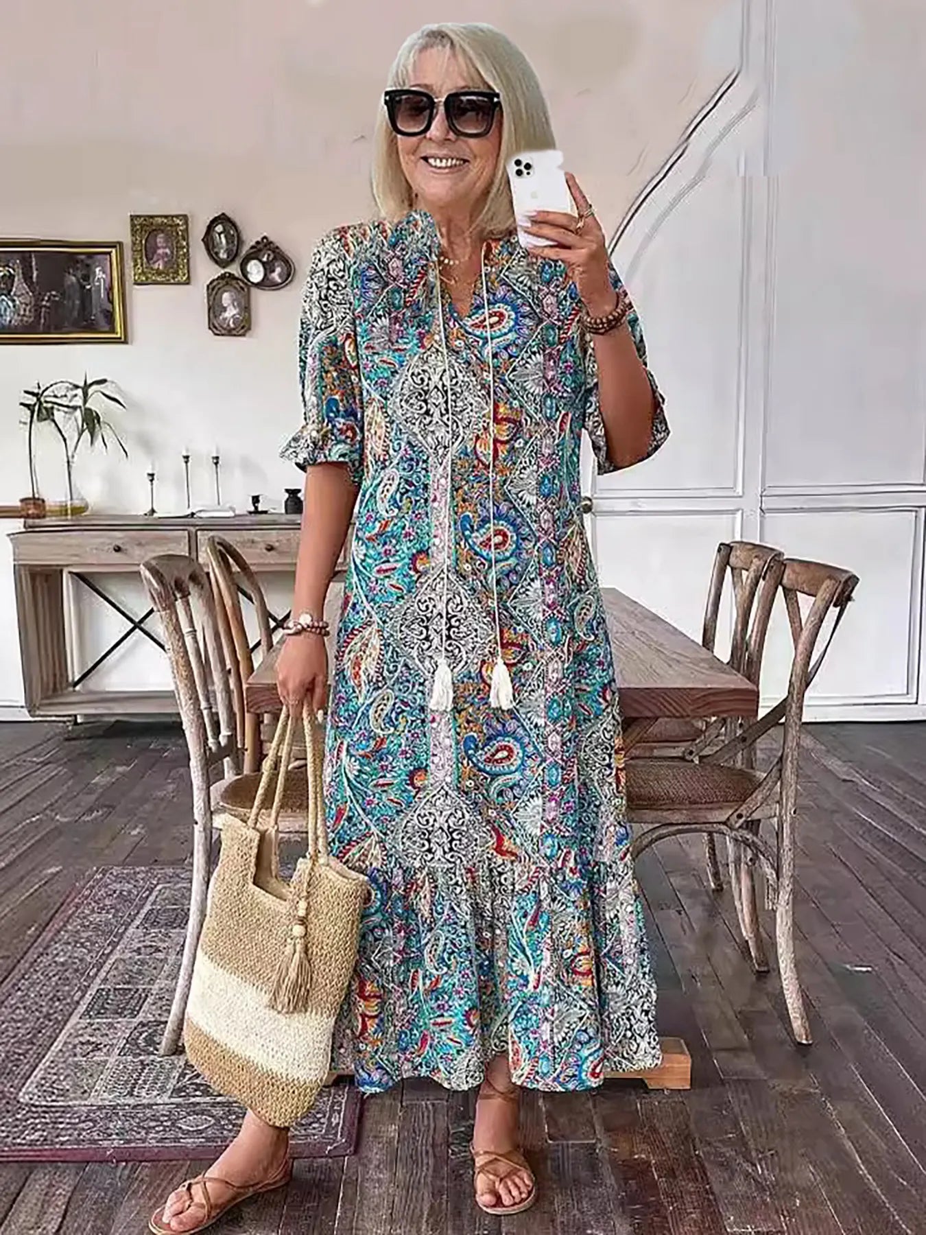 Vacation DRESS Paisley Bohemian Long Length Vintage Print Tassel Tie Neck Tunic Dress - Elegant Vacation Style with Drawstring, Ruffle Hem, and Random Printing