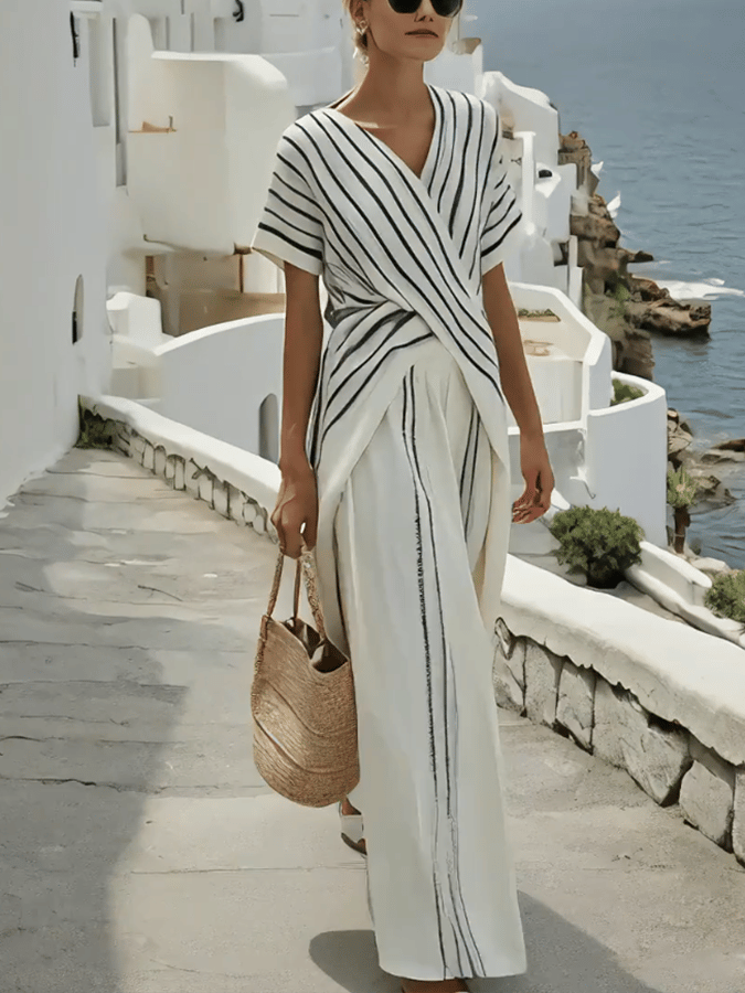 Women'S Loose Striped Resort Pants Set