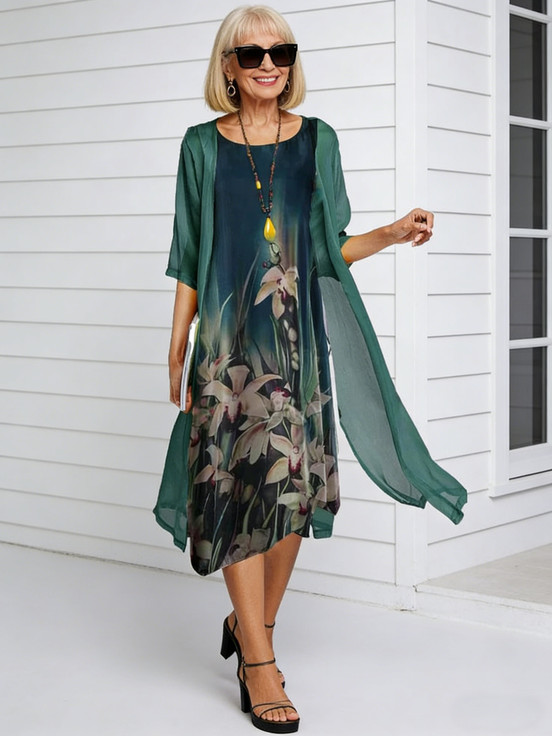 Casual Dress Two-piece Printed Round Neck Slim Dress Women