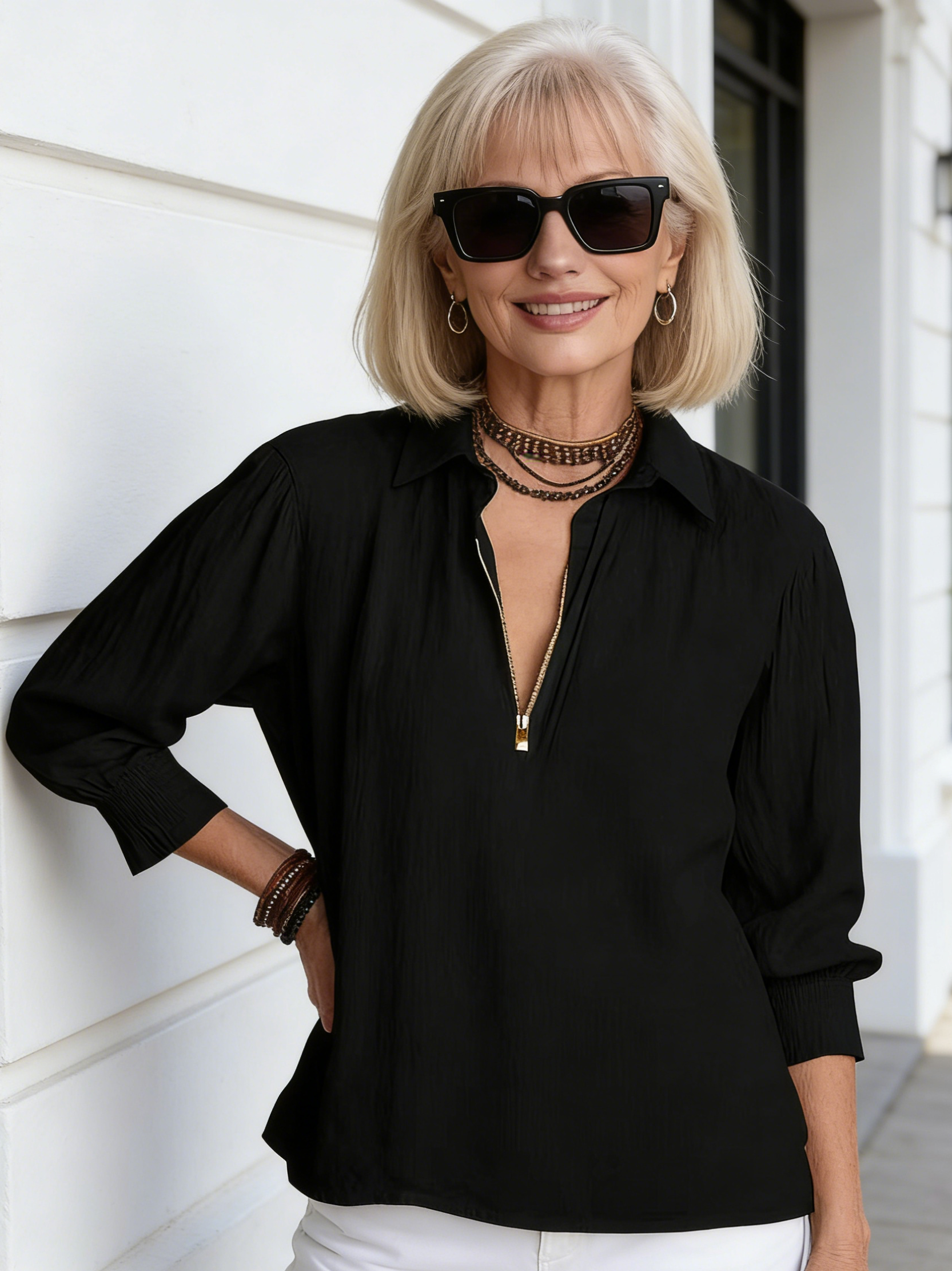Shirt Collar Pullover Solid Cotton Linen Zipper Loose Women's Shirt