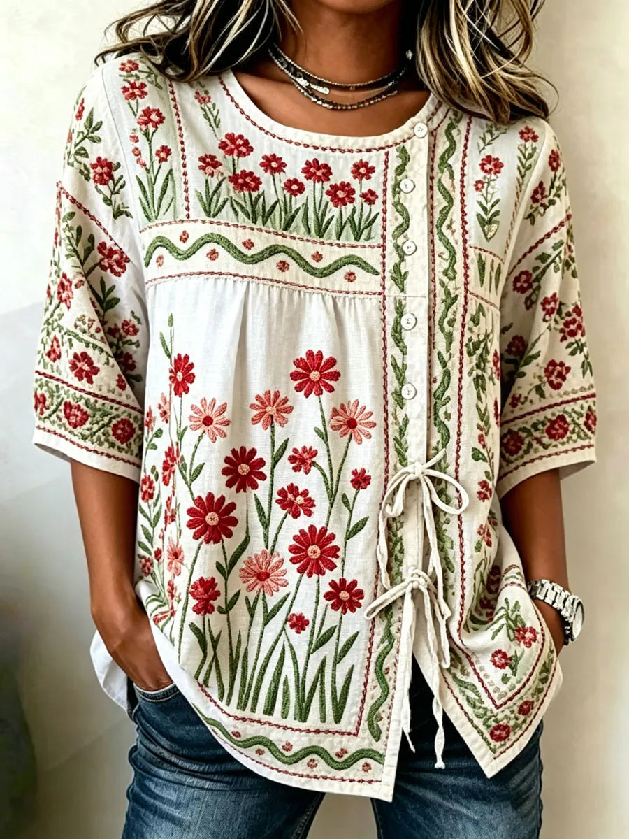 Women'S Casual Print Cotton Linen Top