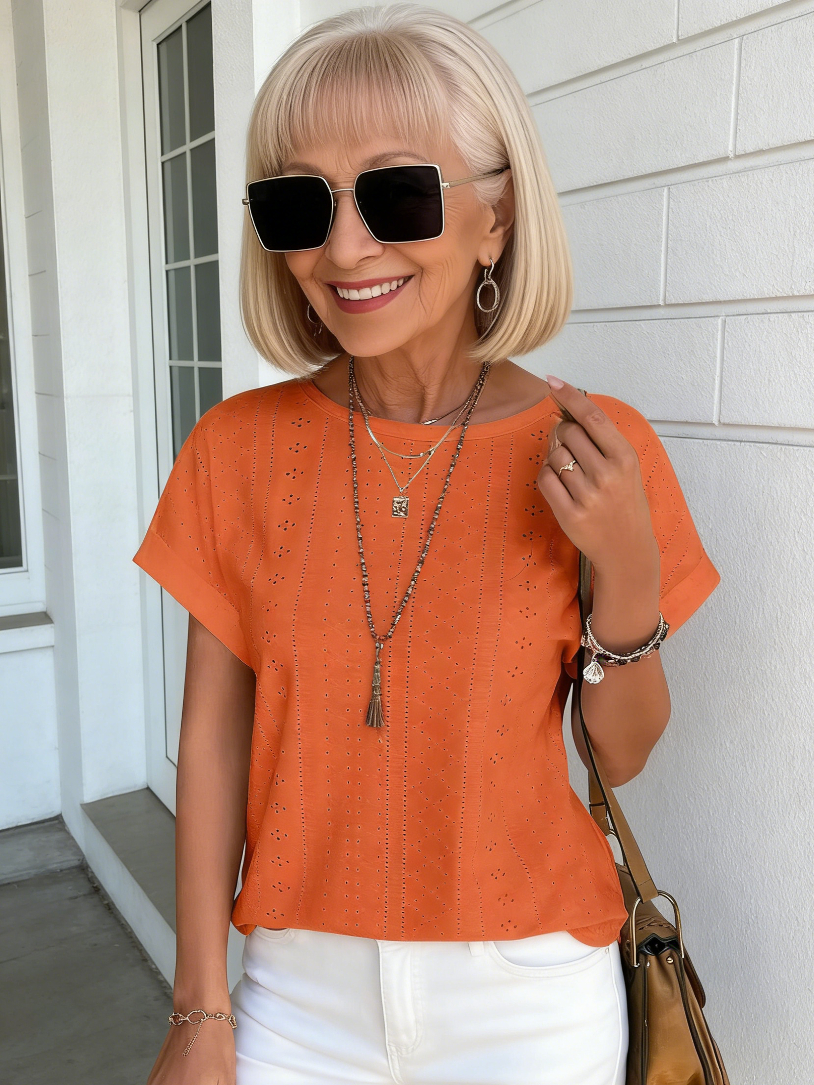 Textured Fabric Solid Color Crew Neck Loose Short Sleeve T-Shirt Top Women